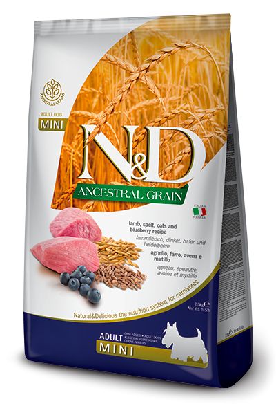 Balení krmiva Farmina N&D Ancestral Grain Mini Lamb & Blueberry