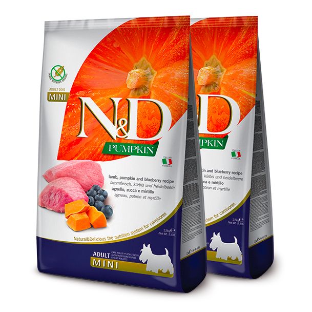 Balení krmiva Farmina N&D Pumpkin Adult Mini s jahňacím a čučoriedkami